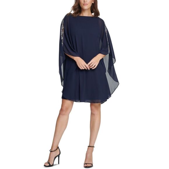 VINCE CAMUTO Navy Embellished Caped Crew Neck Evening Shift Dress - Picture 1 of 13